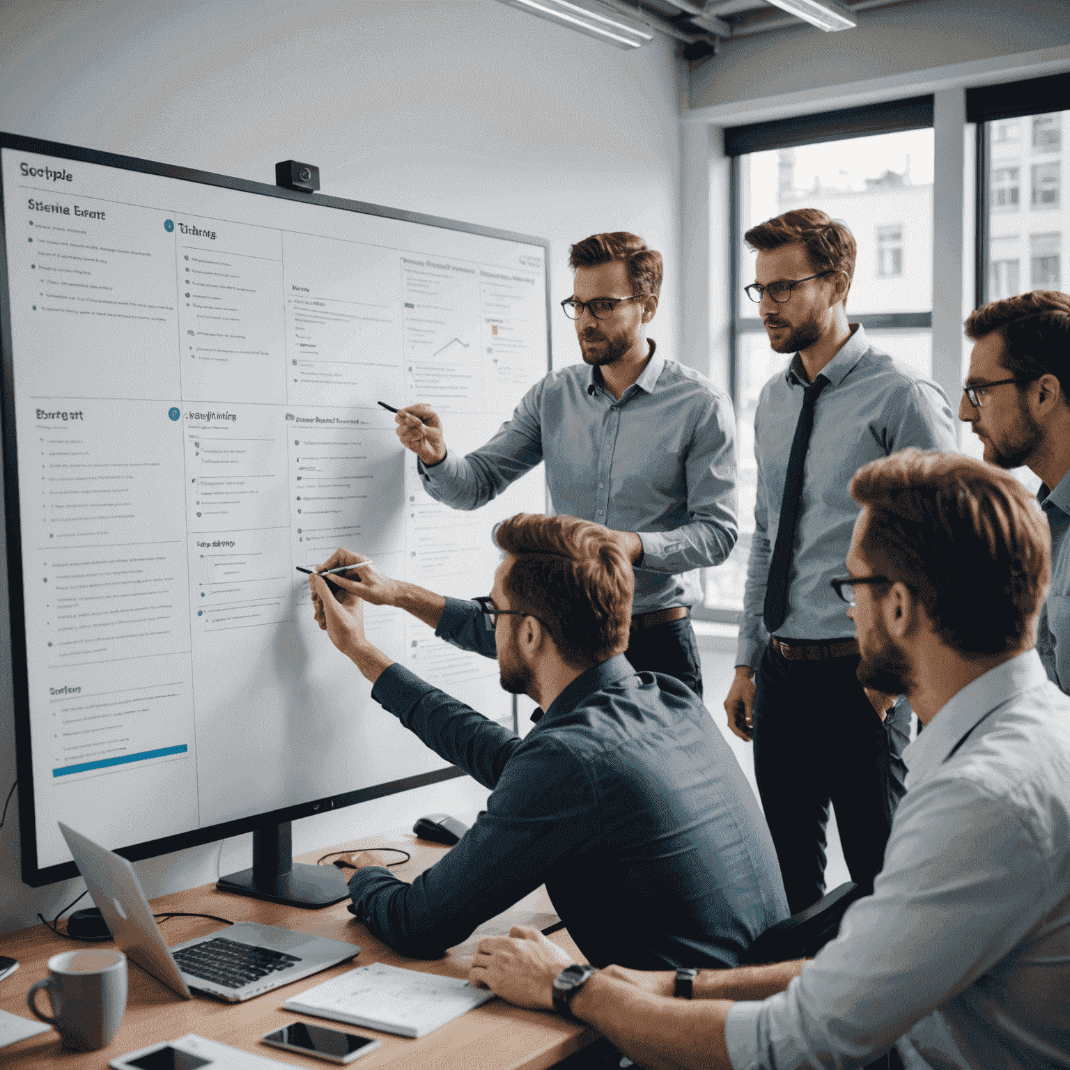 Изображение команды IT-специалистов, работающих над проектом с использованием Agile-доски. На переднем плане виден лидер команды, объясняющий стратегию проекта. Команда выглядит вовлеченной и мотивированной.